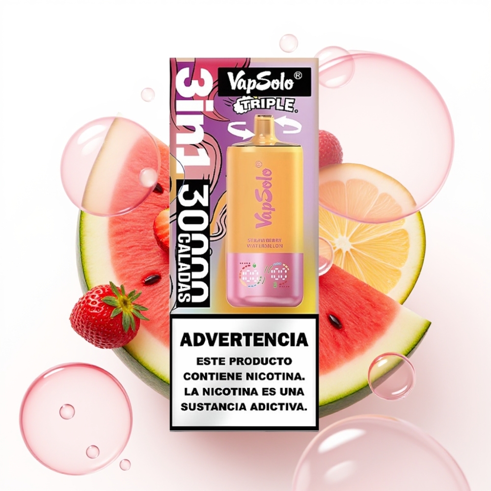 VapSolo Triple 30000 Puffs Disposable Vape Morango Melancia & Pêssego Limão