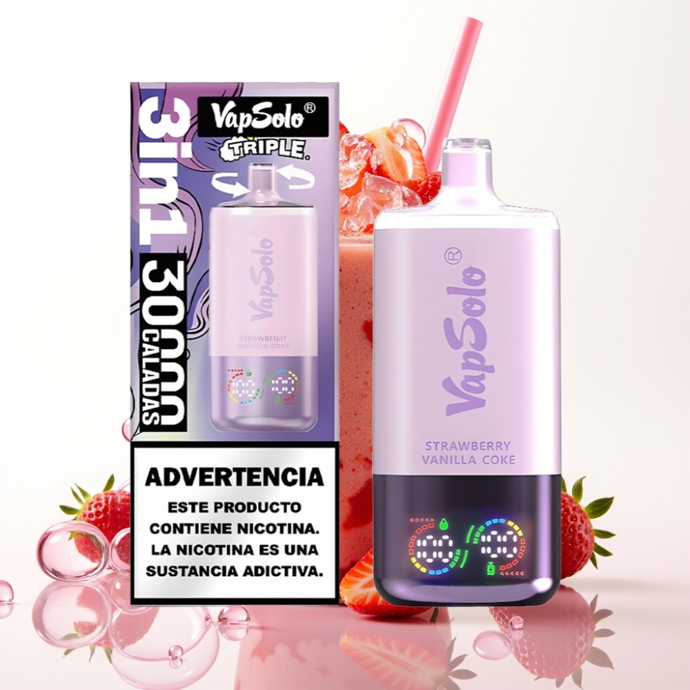 VapSolo Triple 30000 Puffs Dispositivo Vape Morango Baunilha Coca 40ml Type-C 20/50mg