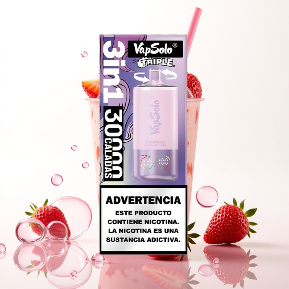 VapSolo Triple 30000 Puffs Dispositivo Vape Morango Baunilha Coca 40ml Type-C 20/50mg