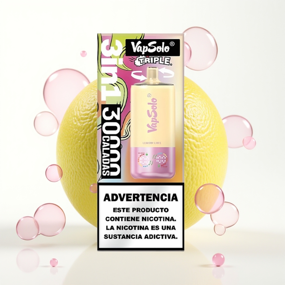 VapSolo Triple 30000 Puffs Vape Descansável Limão Lima 40ml 20/50mg Tipo-C