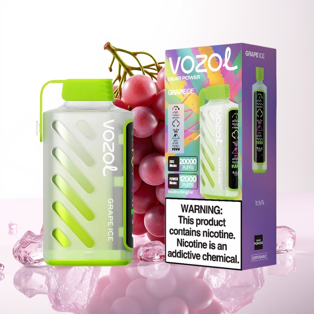 VOZOL Gear Power 20000 Puffs S.i.L.C. Tech Dual Mesh Coil Display Tela Cheia 20mL 5% Gelado Uva