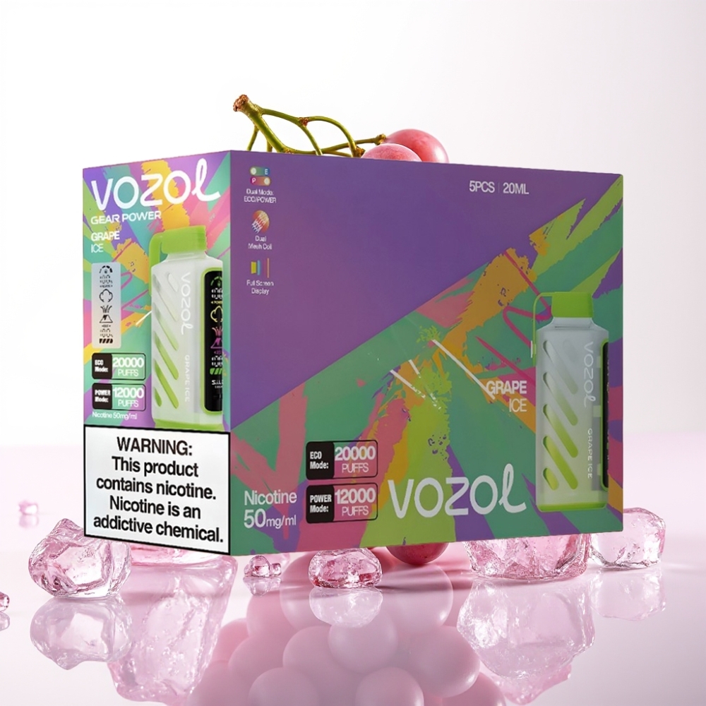 VOZOL Gear Power 20000 Puffs S.i.L.C. Tech Dual Mesh Coil Display Tela Cheia 20mL 5% Gelado Uva