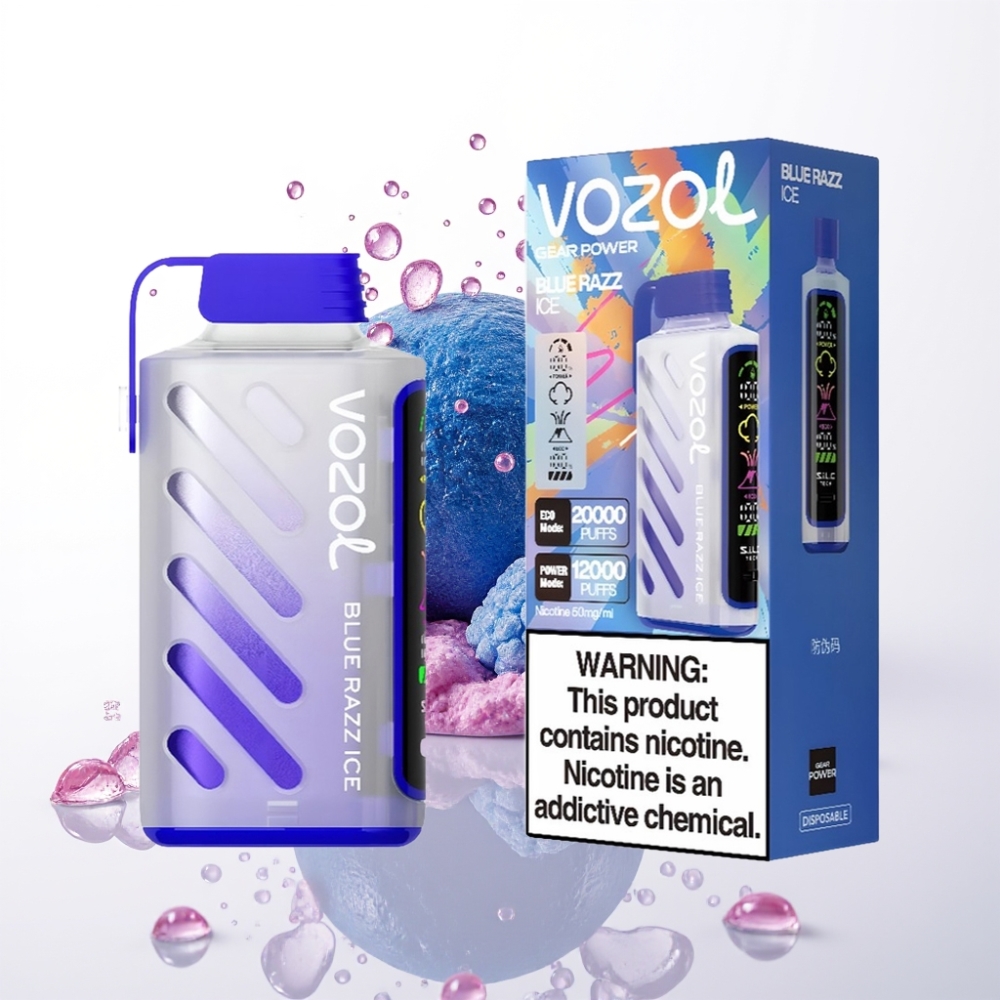 VOZOL Gear Power 20000 Puffs Vape Mirtilo Framboesa Gelo com Tela Inteira, Dual Mesh Coil, 20mL, 5% Nic