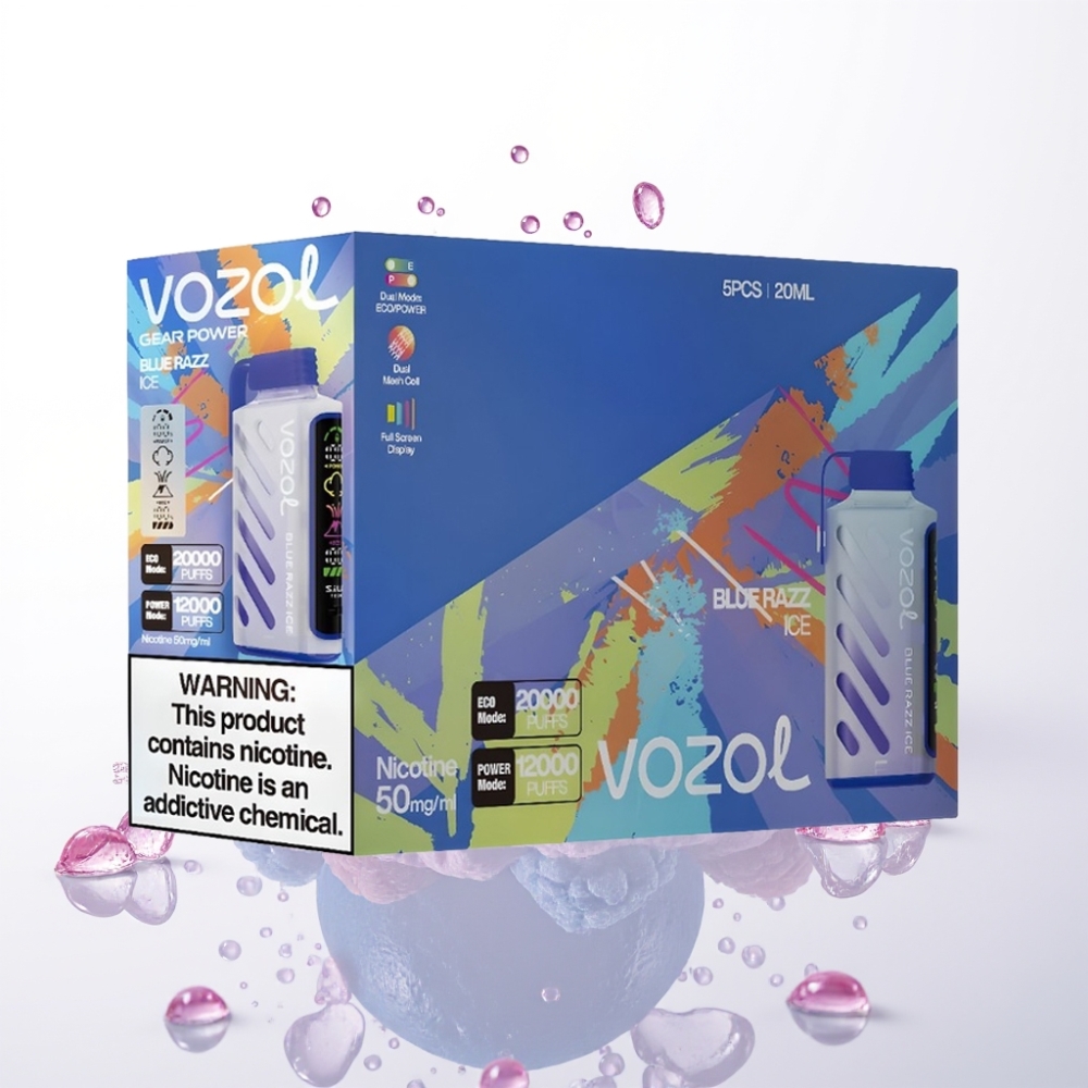 VOZOL Gear Power 20000 Puffs Vape Mirtilo Framboesa Gelo com Tela Inteira, Dual Mesh Coil, 20mL, 5% Nic